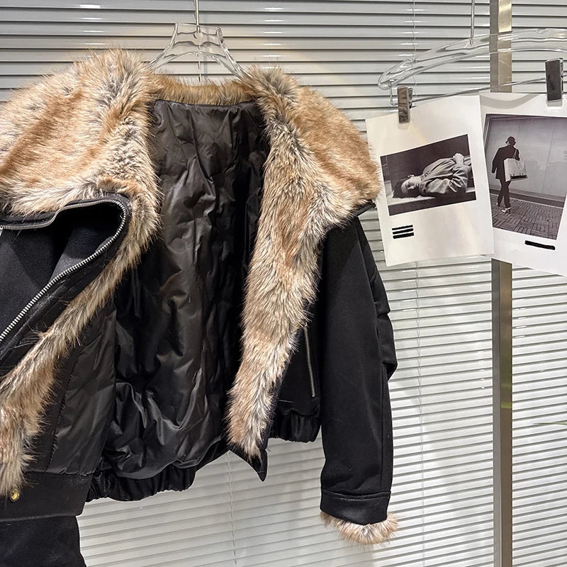 Winter New Fashion Big Fur Collar Suede Cotton Padded Coat For Women Warm Motorcycle Leather Jacket Female 11A07510