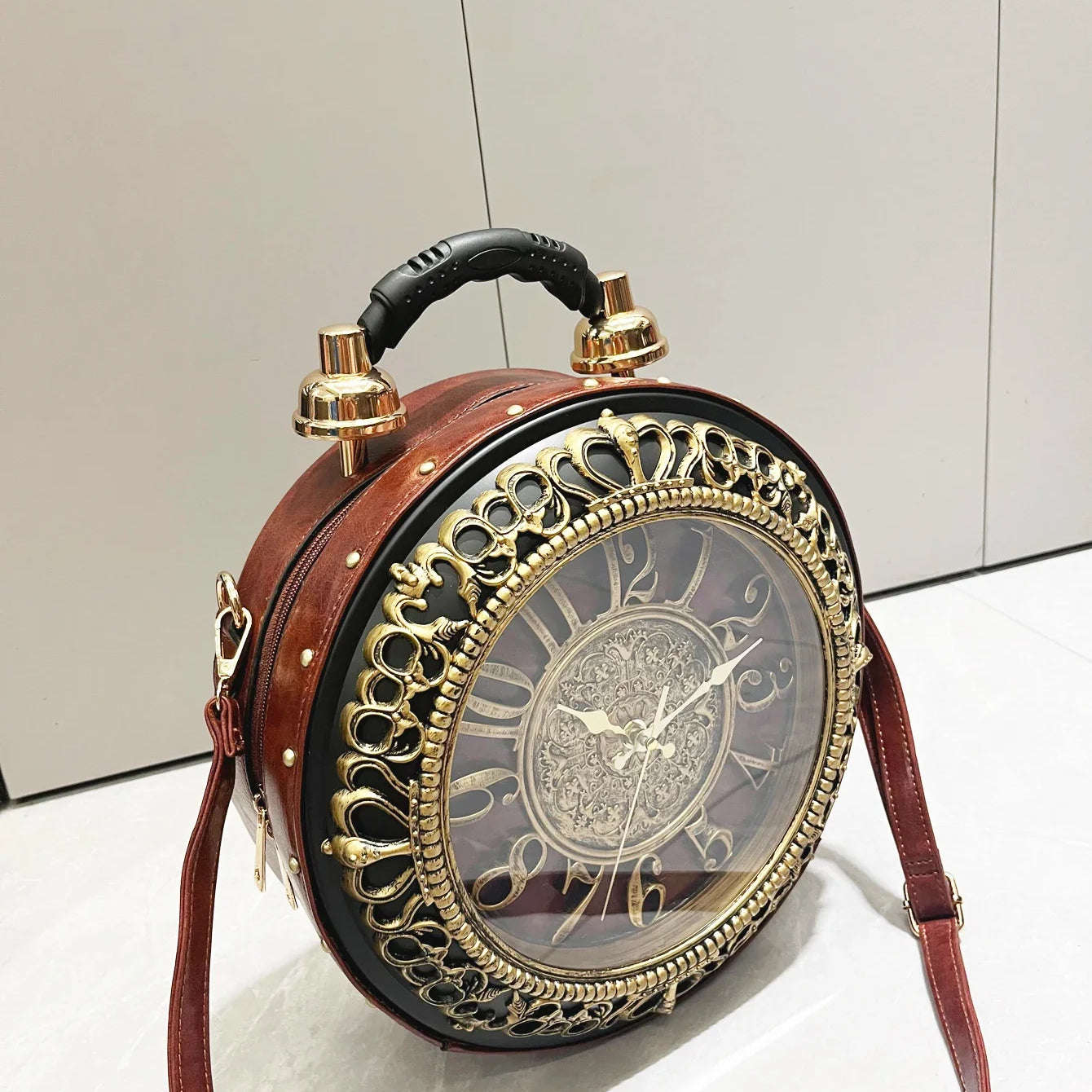 Luxury Designer Purses and Handbags Shoulder Bags funny clock-shaped bag funny Women's round bag pu leather Woman's bag brown