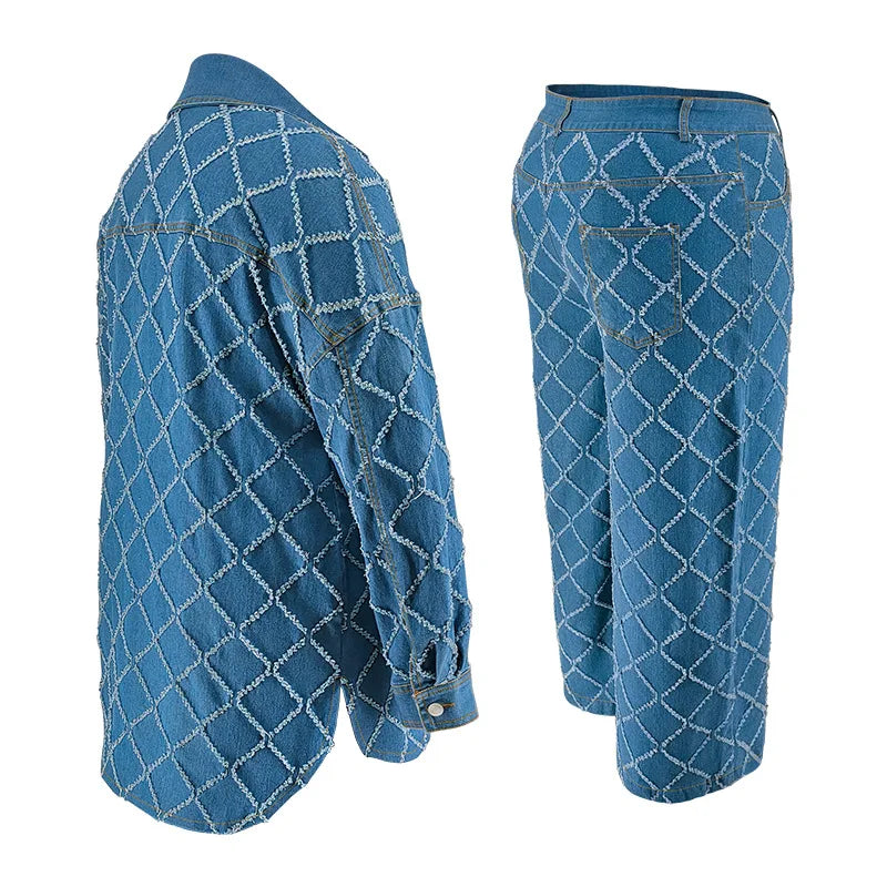 Benuynffy Plus Size Long Sleeve Single Breasted Denim Shirt Jacket And Wide Leg Jeans 2 Piece Sets Woman Outfit Casual 2025 New