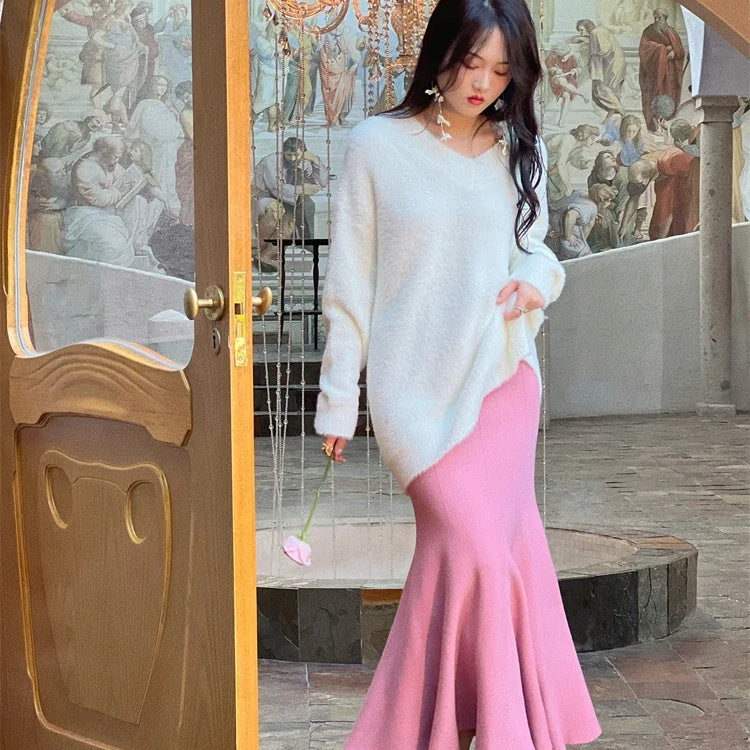Women's Skirts Autumn Winter Fashion Knitted Long Skirts for Women Green Vintage Slim Korean Style A-LINE Fishtail Skirt Pink One Size