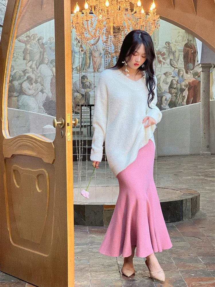 Women's Skirts Autumn Winter Fashion Knitted Long Skirts for Women Green Vintage Slim Korean Style A-LINE Fishtail Skirt Pink One Size