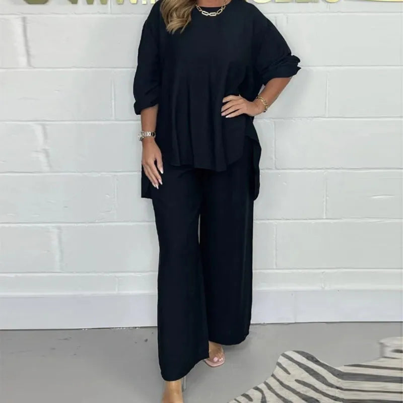 Elegant Casual Solid Color Loose 2pc Set Fashion O Neck Long Sleeve Pullover+Wide Leg Pants Outfits Spring Simple Loose Soft Set