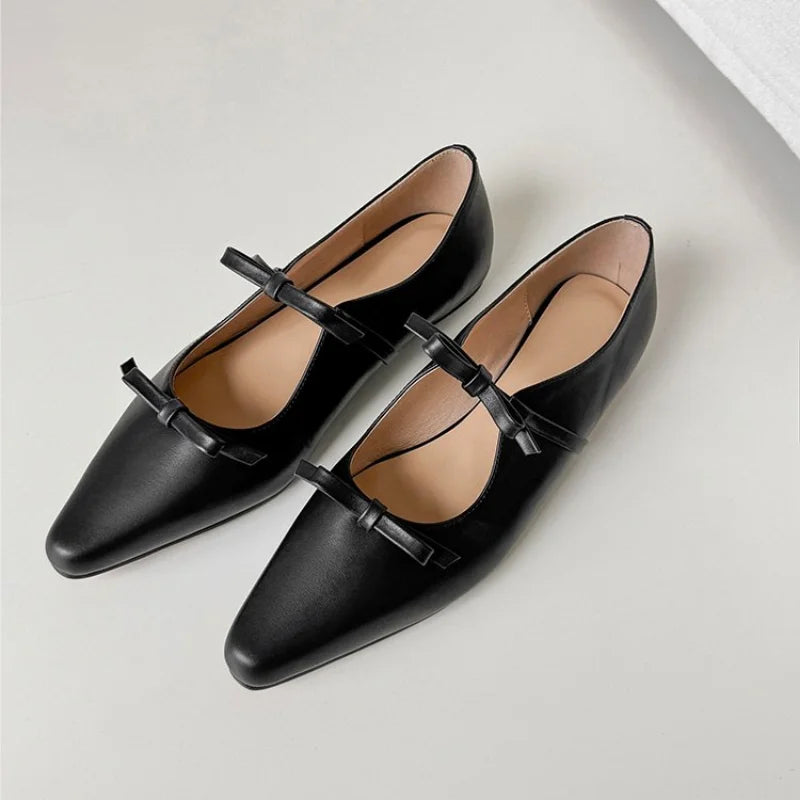 New Luxury Bowtie Mary Janes Women Pointed Toe Shiny Leather Flats Ballets Female Dance Party Ball Bridal Wedding Shoes black
