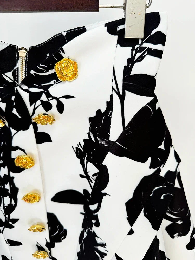 HIGH STREET Newest Runway Designer Fashion Women's Metal Rose Buttons Printed Floral Mini Skirt