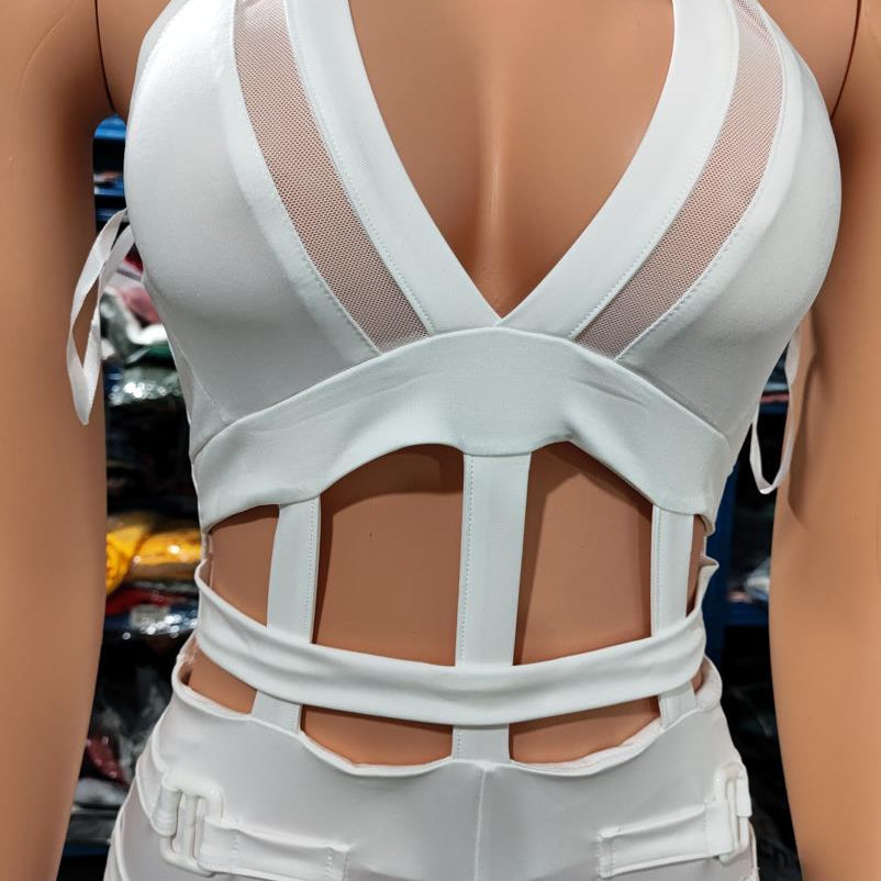 Sexy Night Out Jumpsuit for Women 2024 Summer New Sleeveless Plunge Hollow Out Halter Buckled Contrast Mesh Lady Skinny Jumpsuit