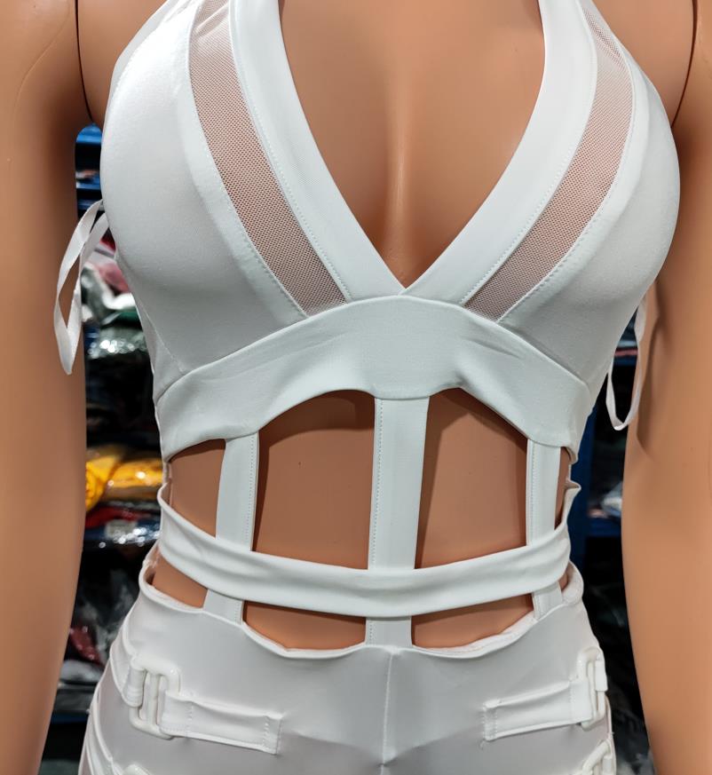 Sexy Night Out Jumpsuit for Women 2024 Summer New Sleeveless Plunge Hollow Out Halter Buckled Contrast Mesh Lady Skinny Jumpsuit