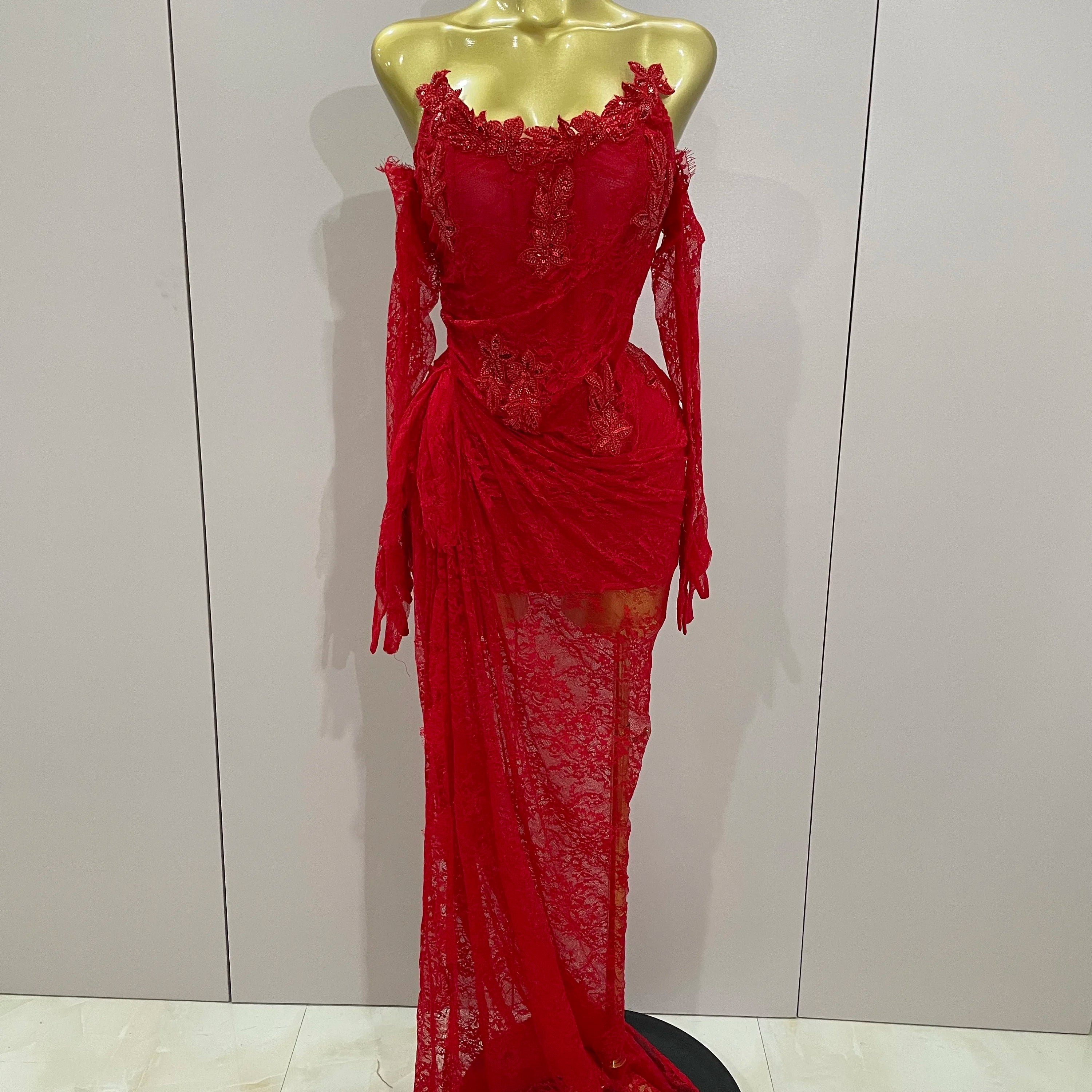 Women Sexy Strapless Backless Red Lace Split Maxi Long Bodycon Dress 2025 Celebrity Elegant Evening Club Birthday Party Outfit Red