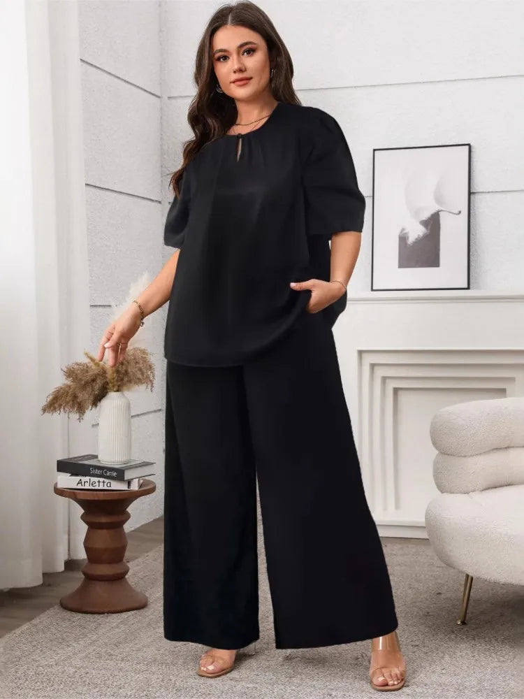Plus Size Summer 2 Two Piece Set Women Pleated Short Sleeve Modis Casual Ladies Blouses Loose Wide Leg Elastic Waist Woman Pant