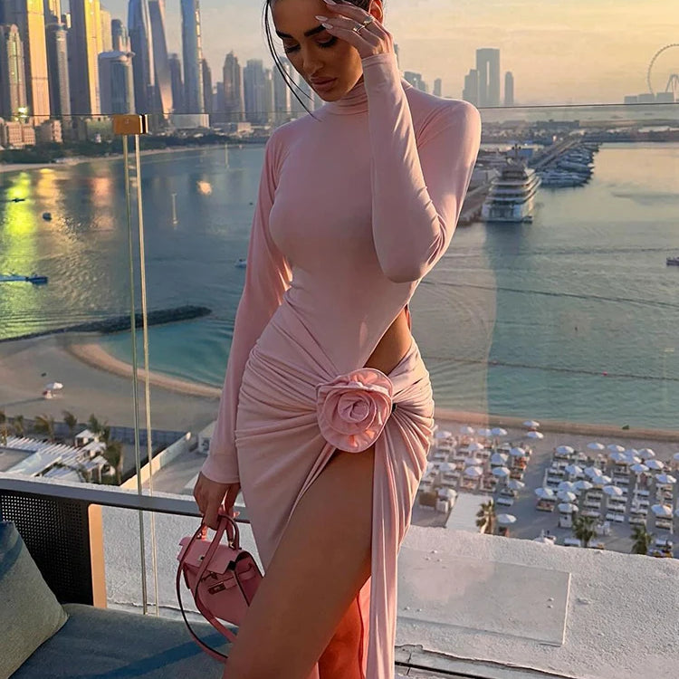 Pink Long Dresses For Women Chic And Elegant Long Sleeve Hollowed Out 3D Flower Pleated High Slit Celebrity Party Gown