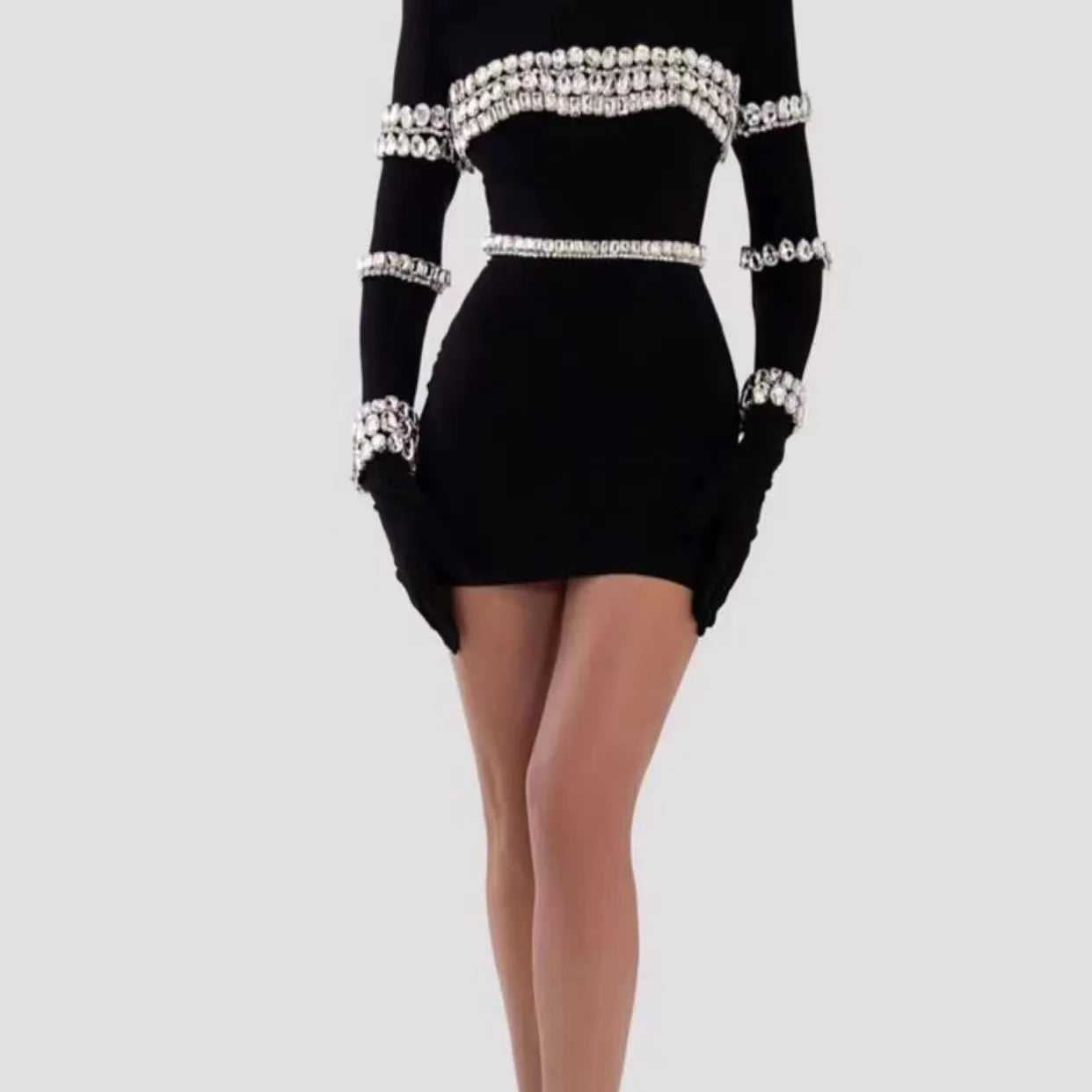 STOCK New Winter Sparkling Diamonds Half High Collar Black Mini Bandage Dress Fashion Woman Evening Party Outfit