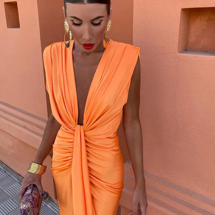 Sexy Deep V Neck Flods Split Dress Women Elegant Solid Sleeveless Midi Vestidos Summer New Ladies Evening Party Robes Orange