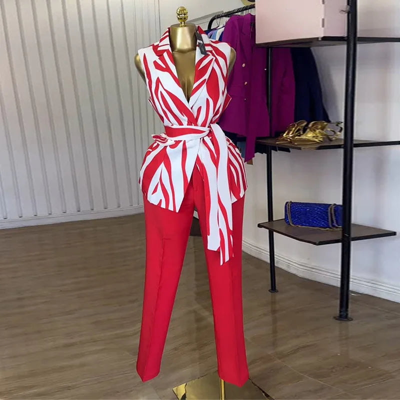 Fashion Women's Set Sleeveless Notched Collar Blazer Tops and Pants Sets 2025 Summer OL Street Two 2 Piece Sets Outfits Red