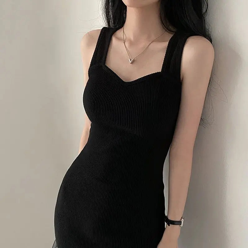 Temperament Square Neck Long Dress for Women Sexy Solid Screw Thread Sleeveless Split Dresses Slim Pullover Office Lady Vestidos