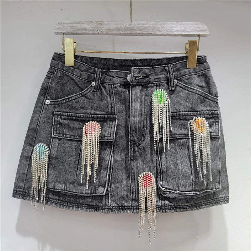 Autumn Winter New Fashion Colorful Rhinestone Tassel Distressed Denim Jacket For Women Short Skirt Female 11A07618 only Skirts