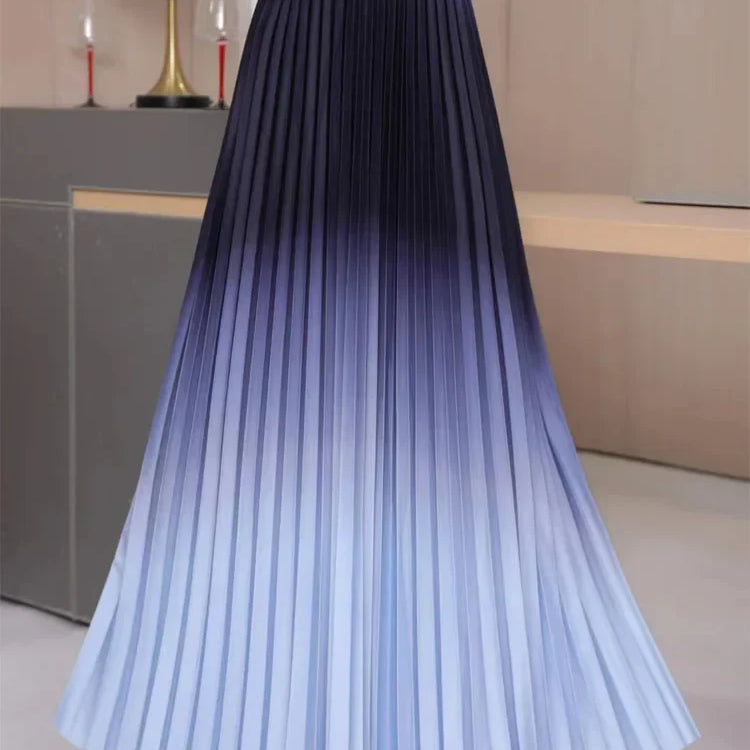 Floor-Length Long Pleated Skirt Women Gradient Color Lengthen Maxi Skirt Women Casual Patchwork Elegant Skirt Female Blue One Size