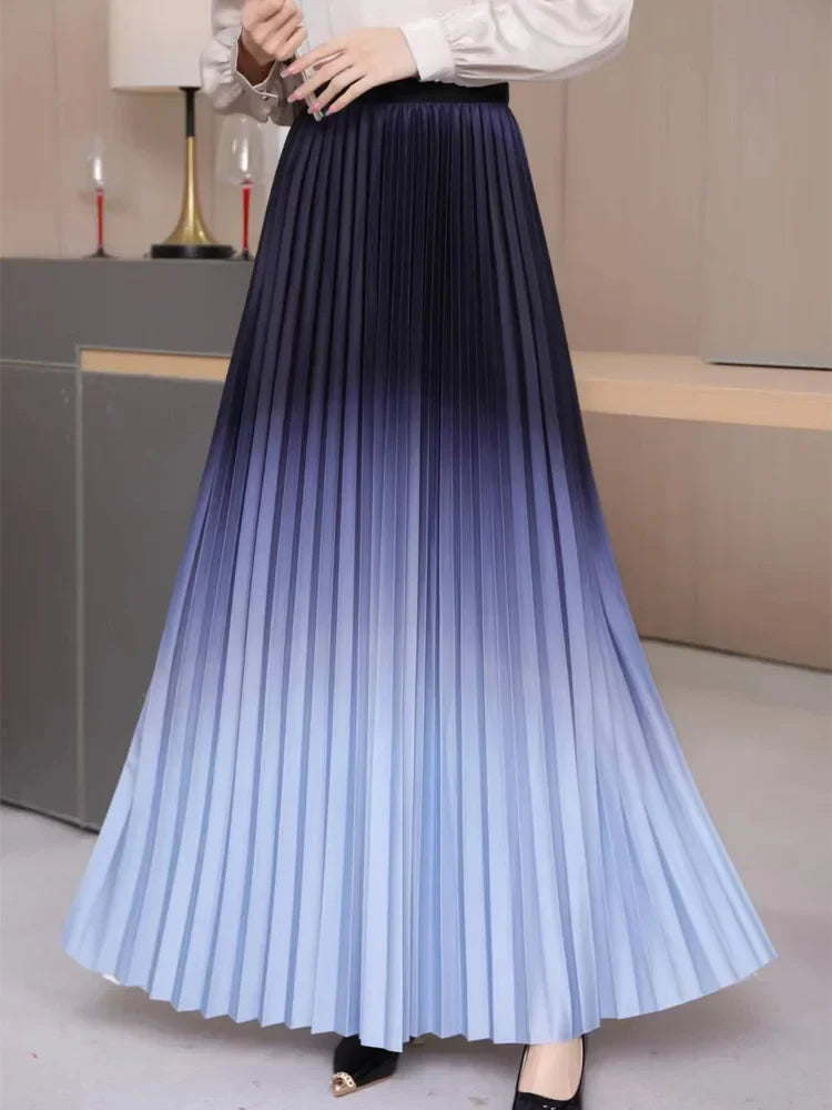 Floor-Length Long Pleated Skirt Women Gradient Color Lengthen Maxi Skirt Women Casual Patchwork Elegant Skirt Female Blue One Size