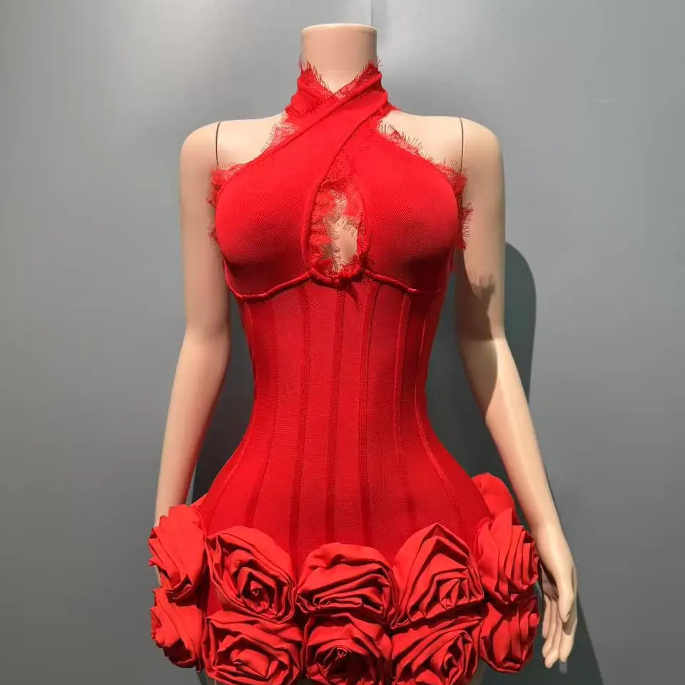 Women Sleeveless Sexy Halter Florlas Bodycon Mini Bandage Dress Celebrate Fashion Nightclub Party Birthday Outfit