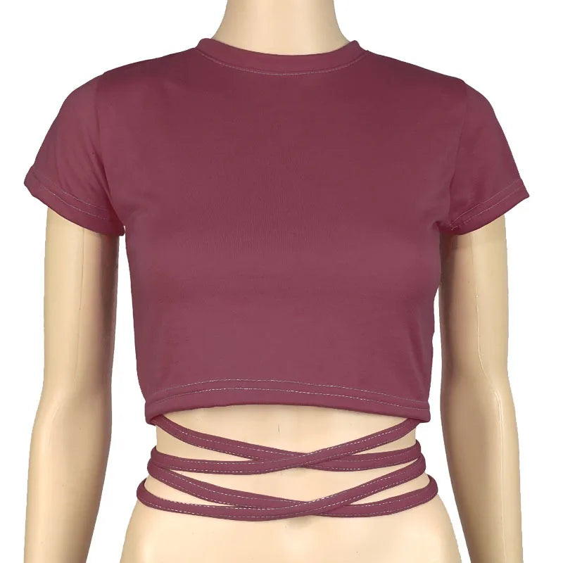 13 Colors Women Lace Up Cropped T-shirts Summer Lady O-Neck Short Sleeve Slim Bandage Tee Tops GXJCK-2180 Wine Red