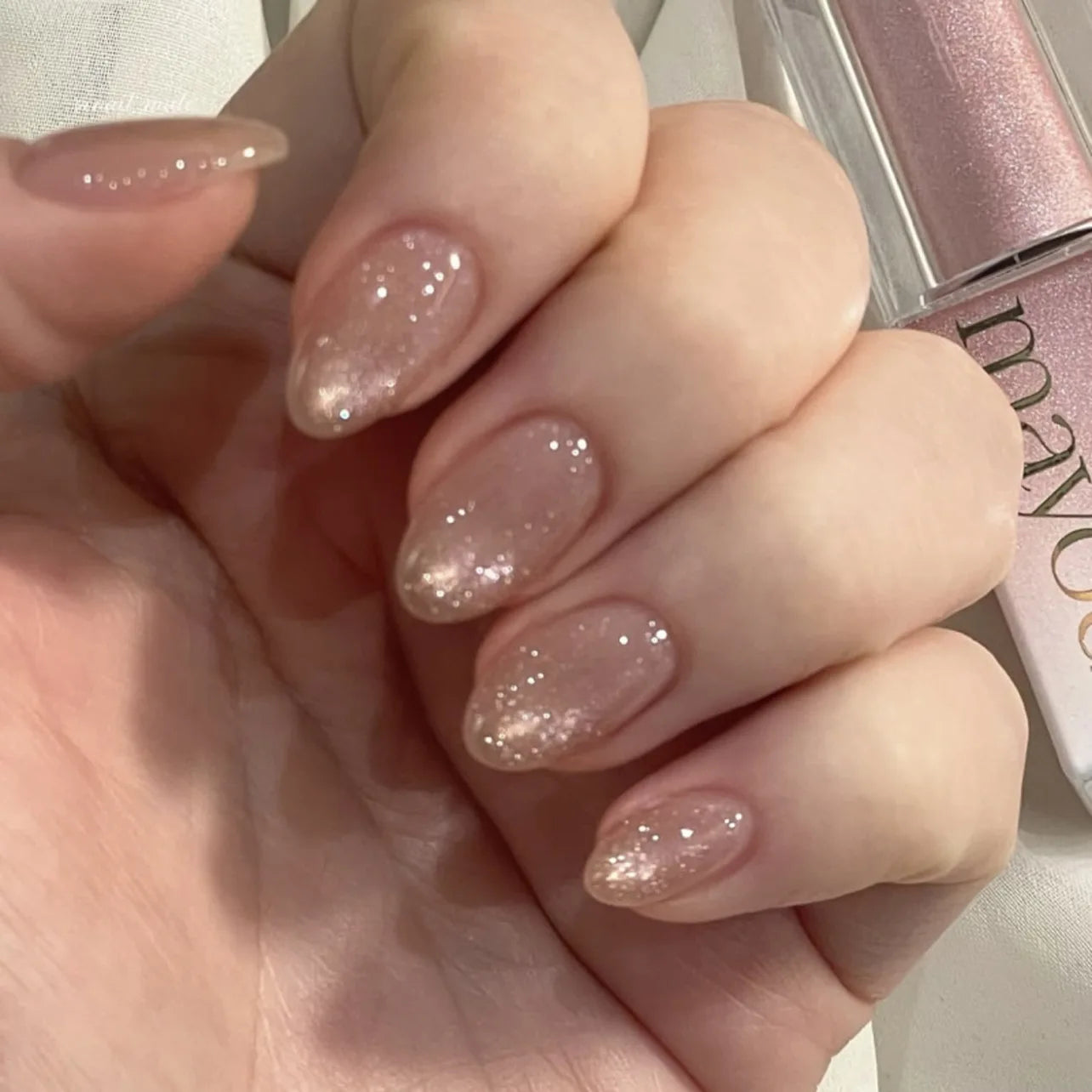 24pcs Shiny Nude Pink False Nails Ins Simple Almond Fake Nails Tips Wearable Detachable Sweet Korean Press on Nails 7