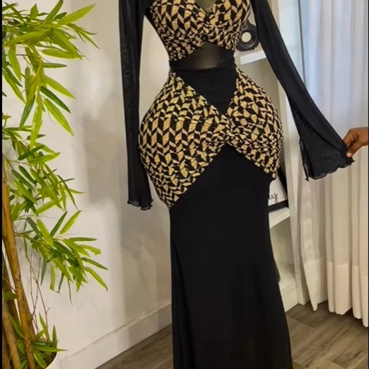 Women Houndstooth Printed Long Sleeve Draped Ruched Bodycon Midi Mini Dress 2025 Vacation Sexy Party Evening Dresses