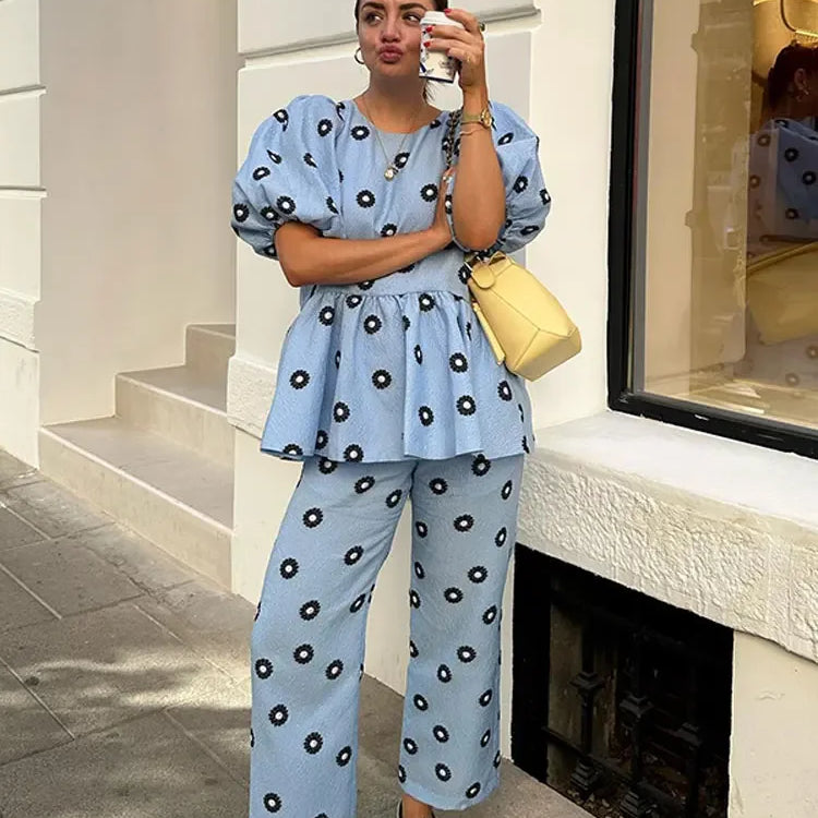 Women Print Ruffles Shirts 2 Pcs Sets Fashion Short Puff Sleeve Round Neck Tops High Waist Pant Suits New Lady Commuting Outfit Blue