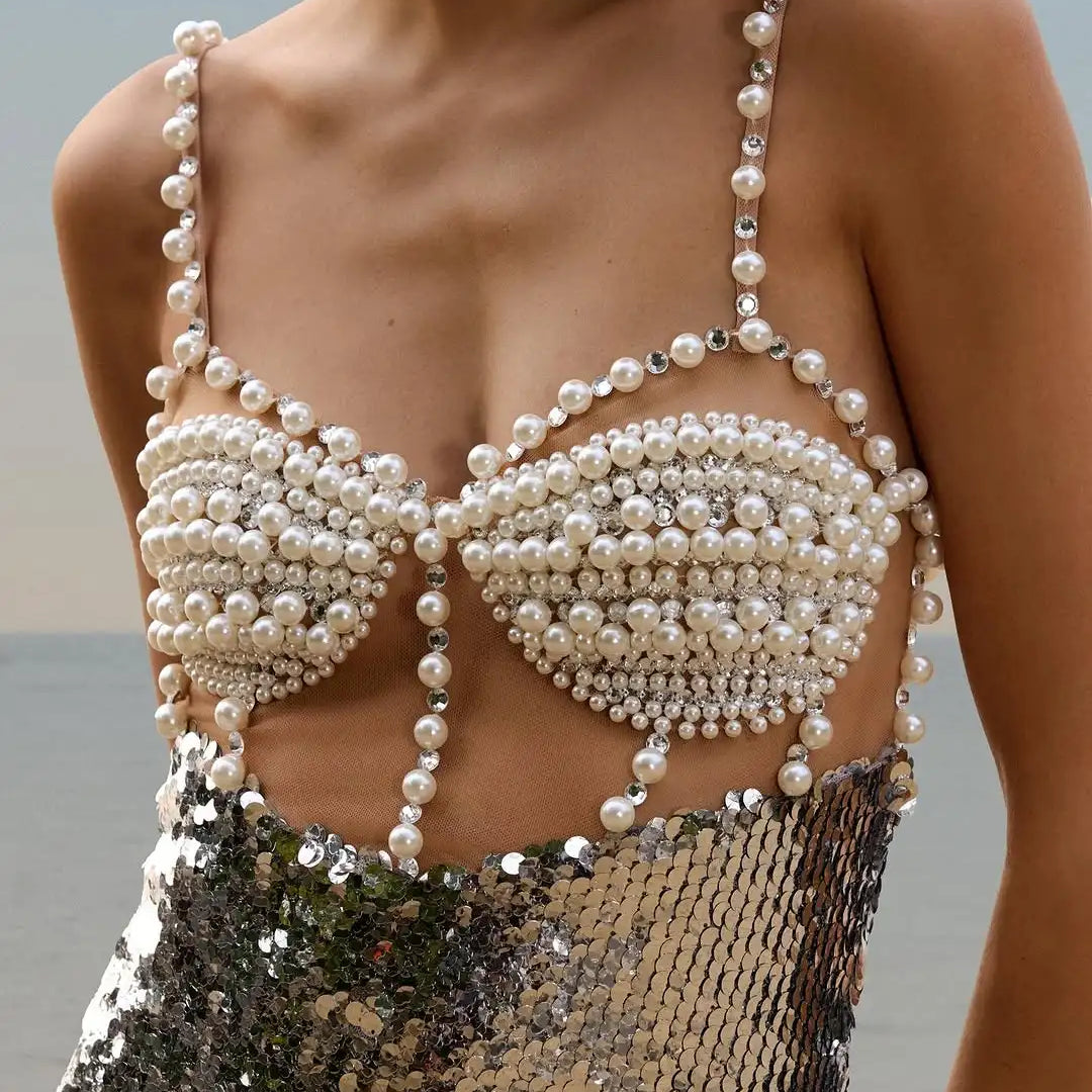 Fashionable Haute Couture Woman Evening Dress Pearl Sliver Sequins Spaghetti Strap Long Dress Celebrity Birthday Party Outfit