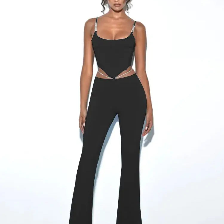 Shiny Chain Sling Sleeveless Cropped Top and Pants 2 Piece Set 2022 New Summer Women's Sexy Club Party Pants Set Outfits