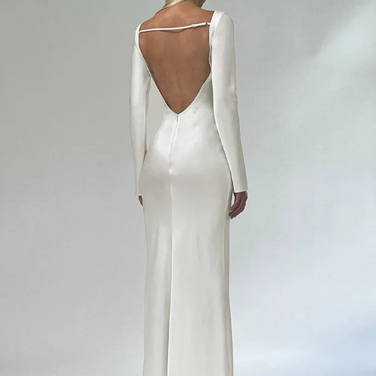 JULISSA MO Elegant Solid O-Neck Long Sleeve Backless Maxi Dress For Women 2023 Autumn Chic Silver Slim Long Dress Outfits