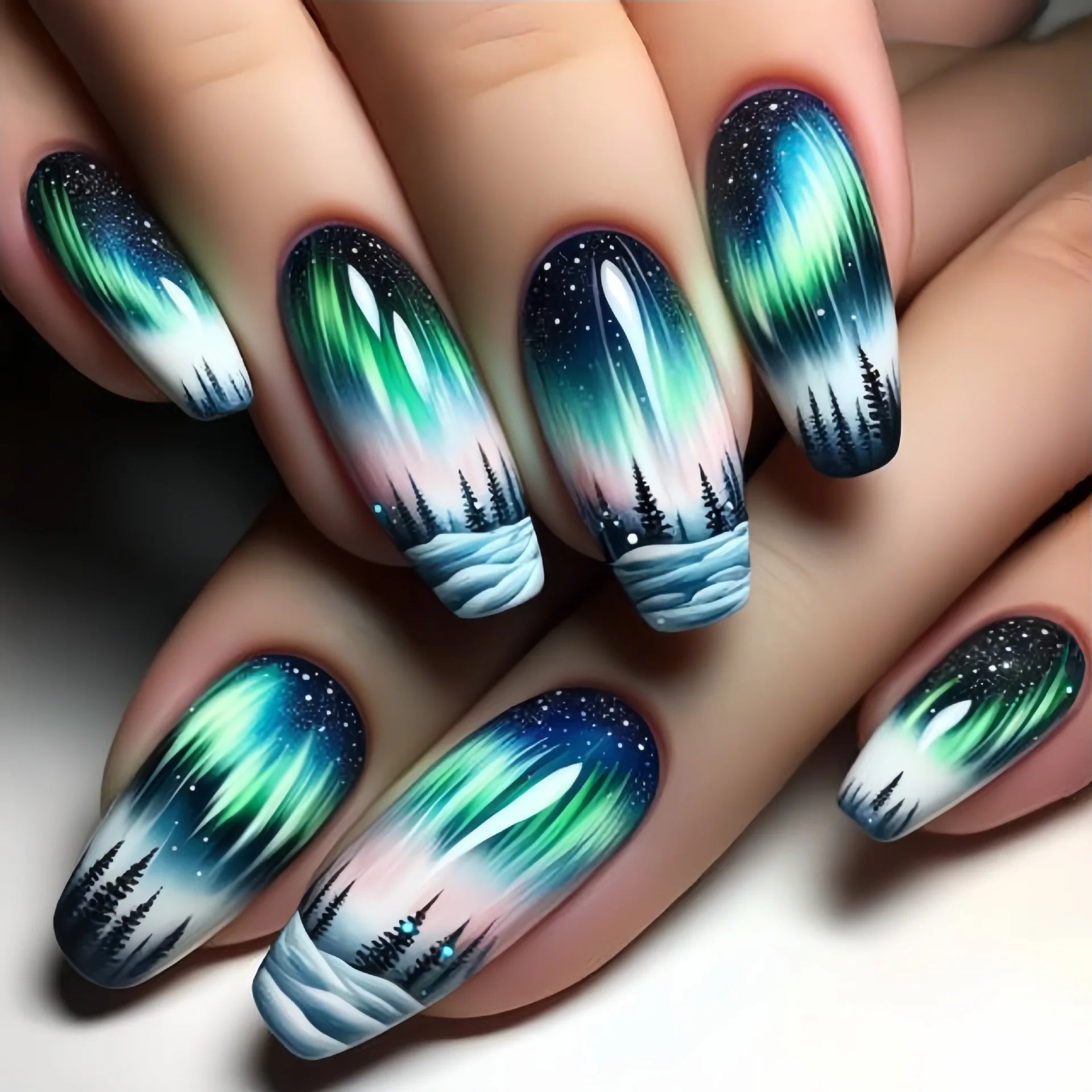 24pcs/set medium long fake nails fashion butterfly feather forest sea wave design gradient blue purple green press on false nail 1781