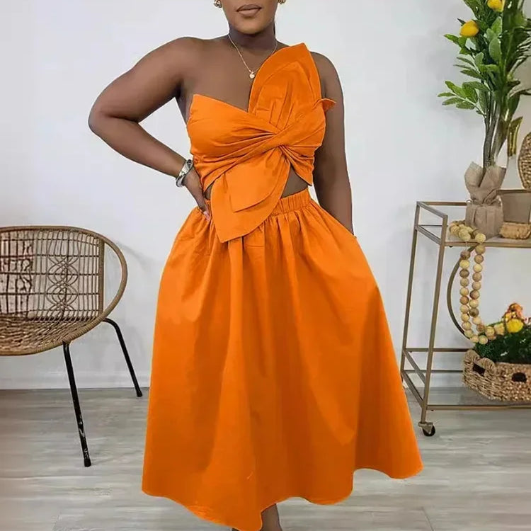 Women Big Petal Front Strapless Midi Long Dress 2024 Summer Street Vestidos Sexy Party Evening Chic Big Swing Dresses