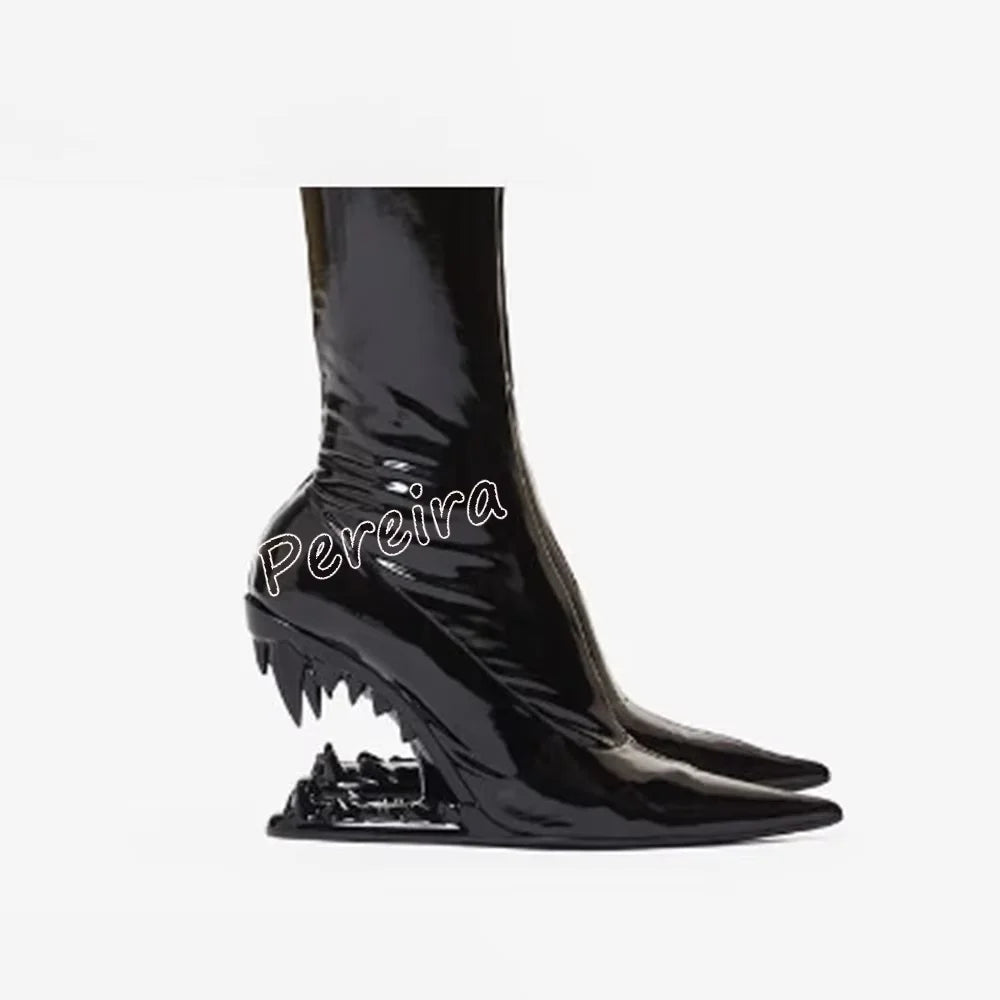 Black Tooth Shaped Heels Elastic Short Boots Pointed Toe Patent Leather Botas 2025 Solid Fashion Elegant Party Office Lady Shoes black