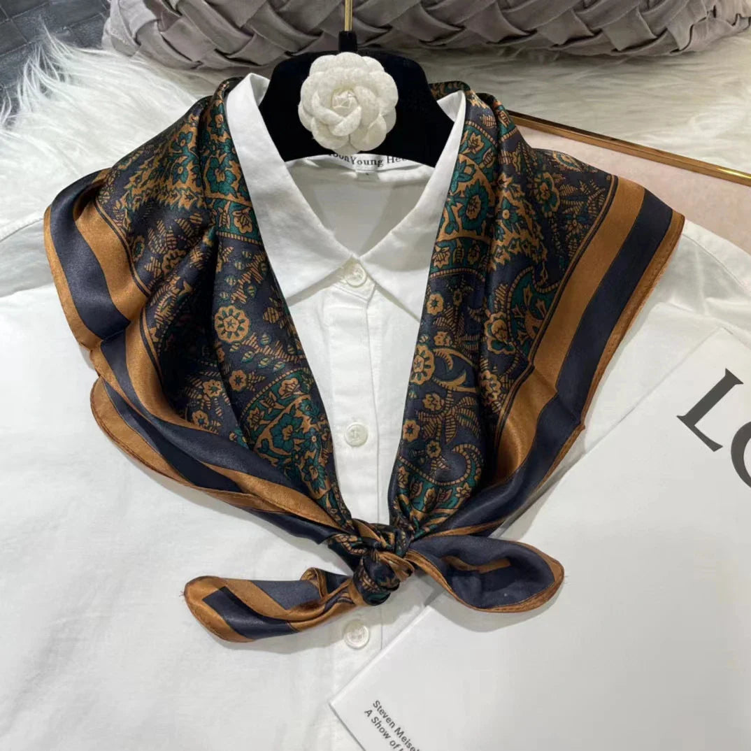 BYSIFA| New Grey Blue Silk Scarf Fashion Floral Design 70cm Square Scarves Fall Winter Neck Scarf Hijab Sweet Headband 65*65cm coffee black