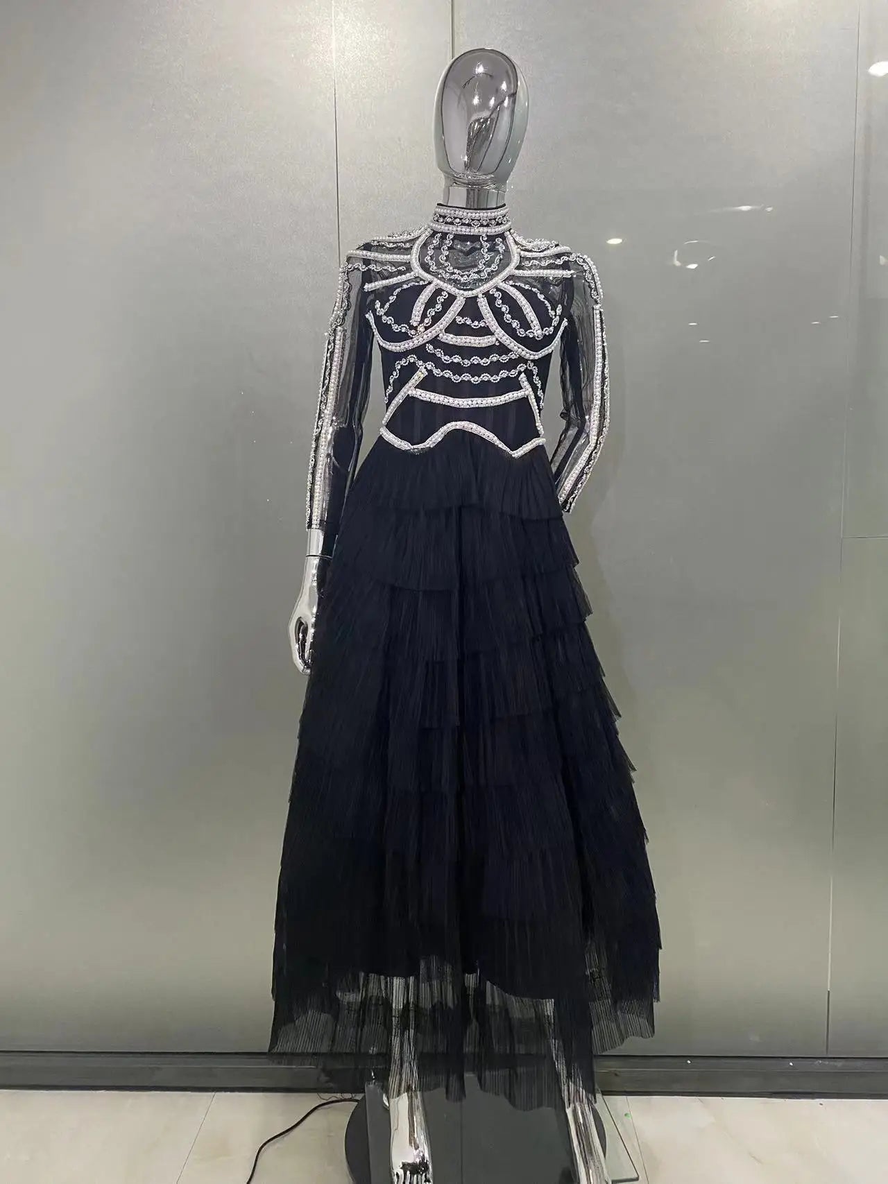 2024 New Autumn Women Long Sleeve Sexy Beading Crystal Ball Gown Long Dress Celebrate Fashion Red Carpet Celebrity Dress Vestido