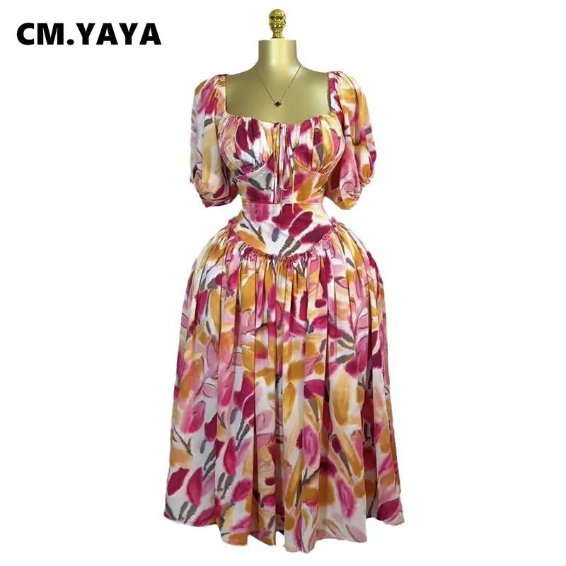 Women Tulip Foral Printed Lantern Short Sleeve Big Swing High Waist Dress 2025 Chic Birthday Party Vestidos Sexy Dresses