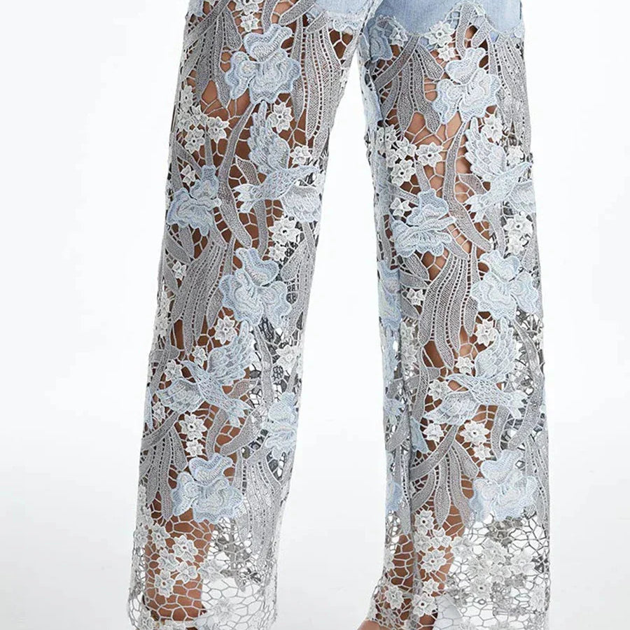 Solid Loose Spliced Hollow Out Fashion Jeans for Women High Waist Patchwork Applique Wide Leg Pants Female Clothing