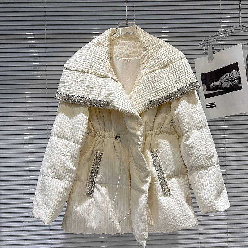 Winter New Heavy Beaded Lapel Drawstring Waist Warm Mid-Length Jacket For Women Loose Cotton-padded Coat 11A07671 Creamy-white One Size