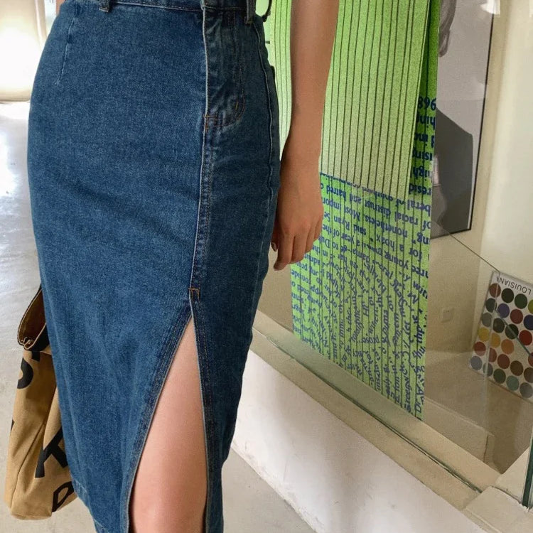 High Waist Slim Slit Buttocks Wrapped Denim Skirt Women All Reason Office Lady Casual Midi Jeans Skirts Female Cheap Wholesale