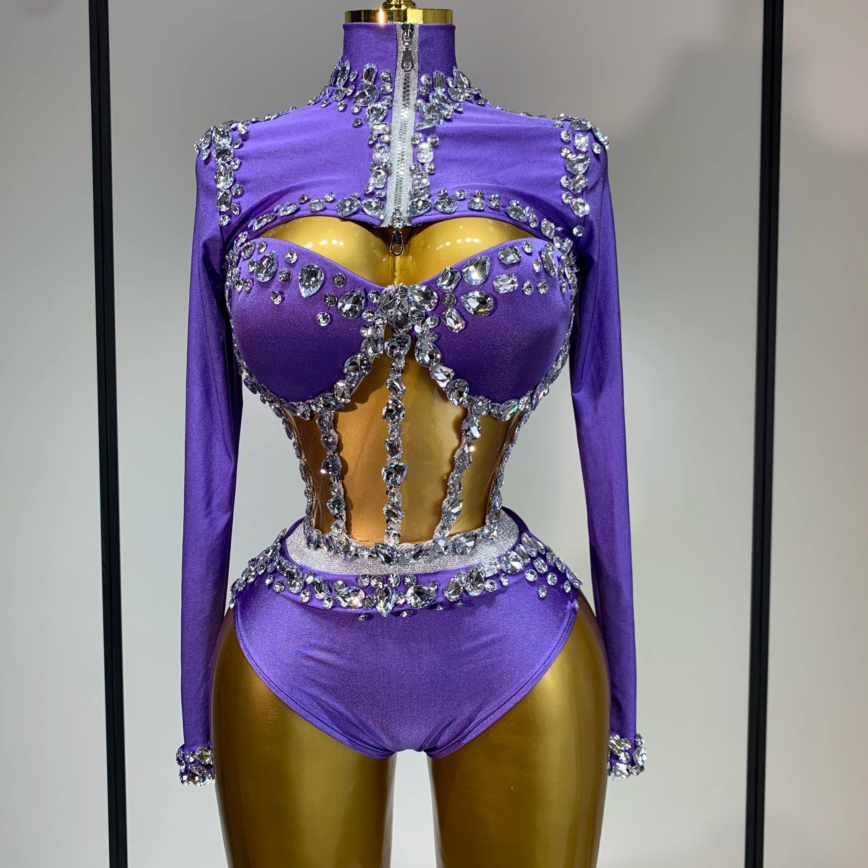 Sparkly Rhinestone Stage Outfit Women Long Sleeve Three Piece Set Dance Drag Queen Nightclub Evening Party Birthday Costume PURPLE