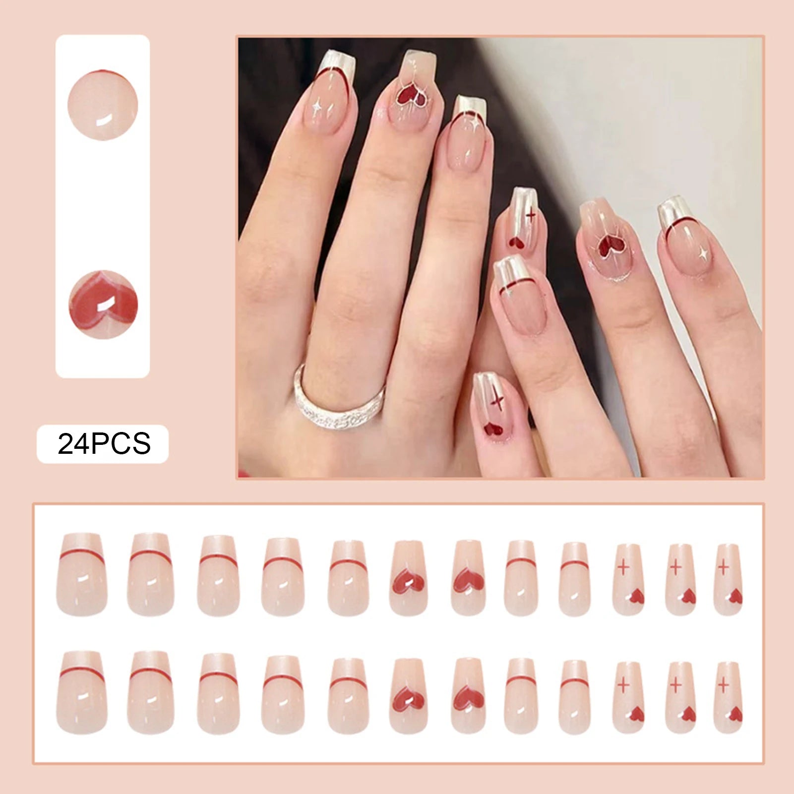 Nude Color Ballet Fake Nails 24Pcs French Press On Nails Love Heart Printed Ballerina Wearable False Nails Valentine's Day Use