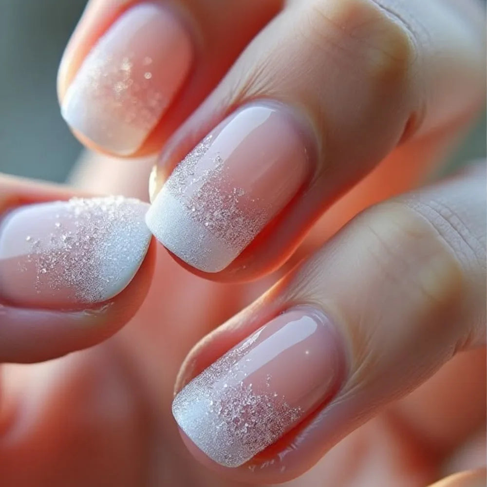 24Pcs Short False Nails with Shimmery Powder Ballet Nail Art Full Cover French Sheer Wearable Nail Manicure Tips for Girls Daily 24