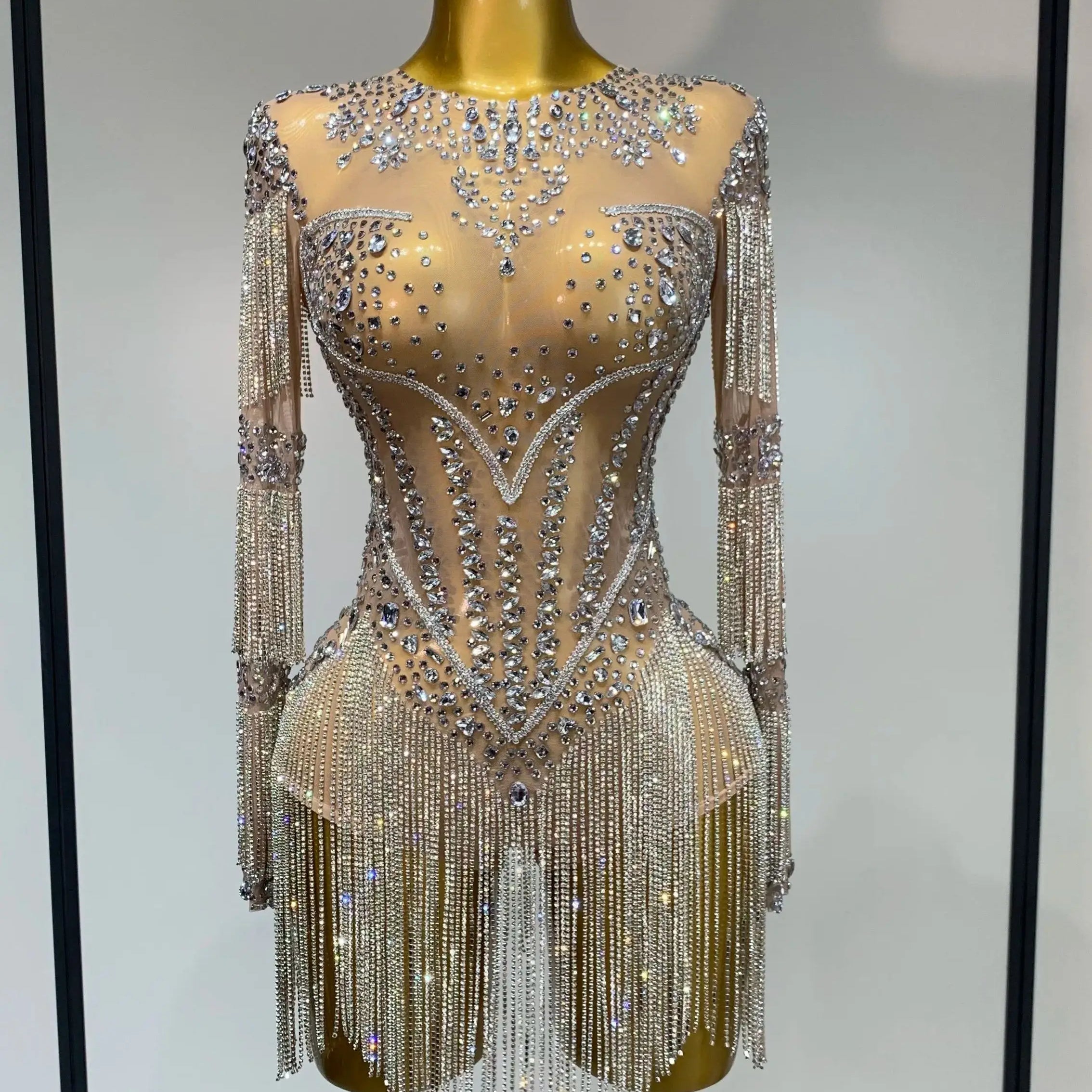 Luxury Birthday Evening Party Gown Sparkly Rhinestone Bodysuit Women Sexy Mesh See Through Performance Dance Stage Costume Silver