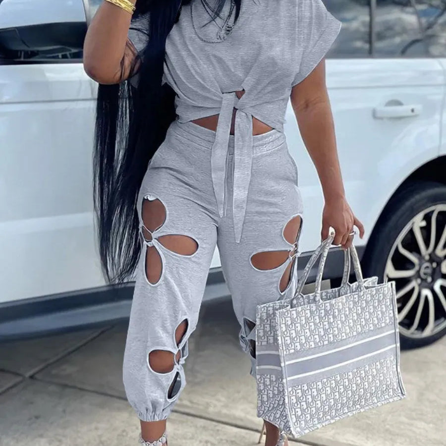 LW Plus Size Cut Out Bandage Design Pants Set Elegant Suit 2 Piece Set Women Sexy short Sleeve Top Hollow Out Pants Ladies Sets