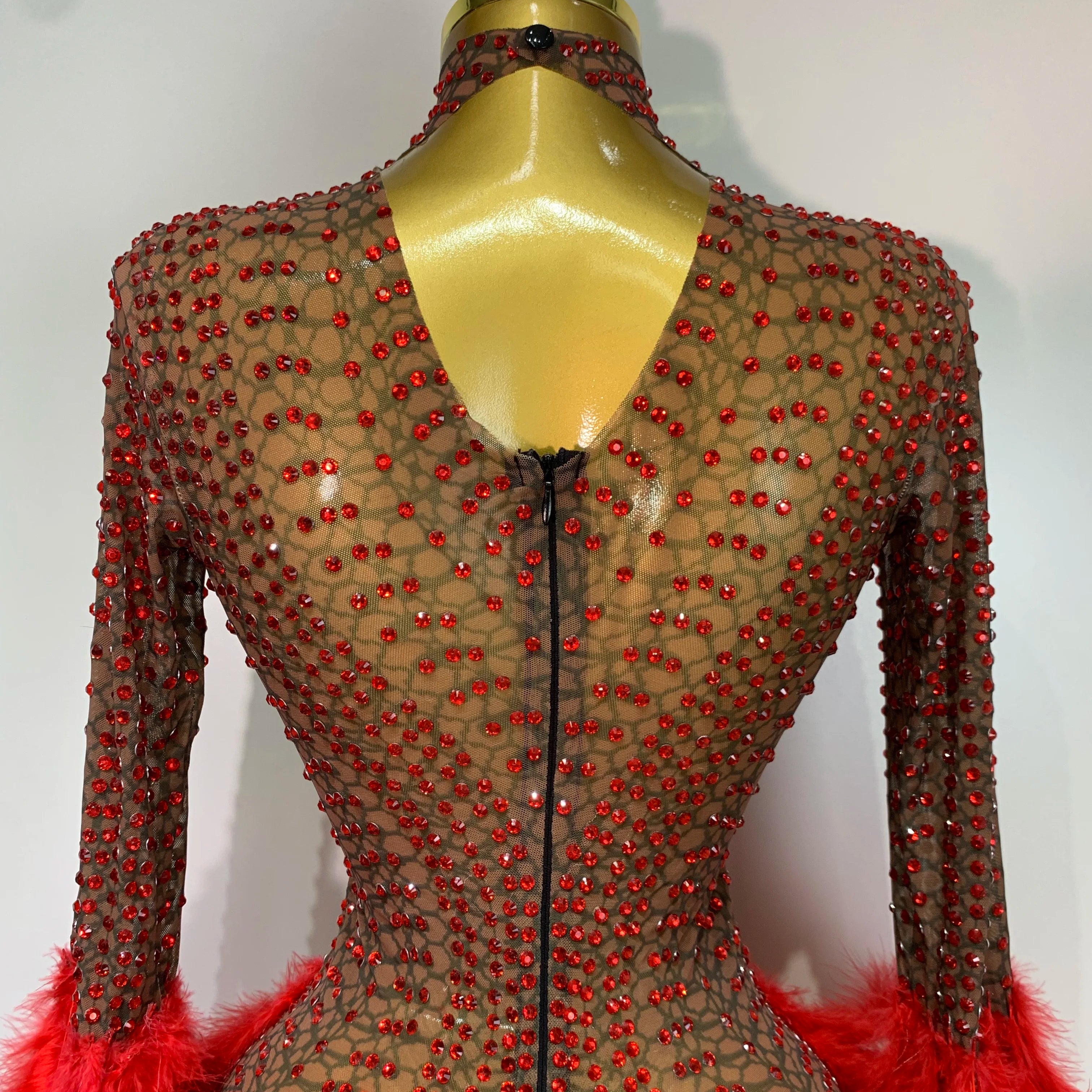 Women Luxury Birthday Dress Rhinestones Mesh Feathers Bodycon Mini Celebrity Evening Club Party Dress Nightclub Stage Outfit