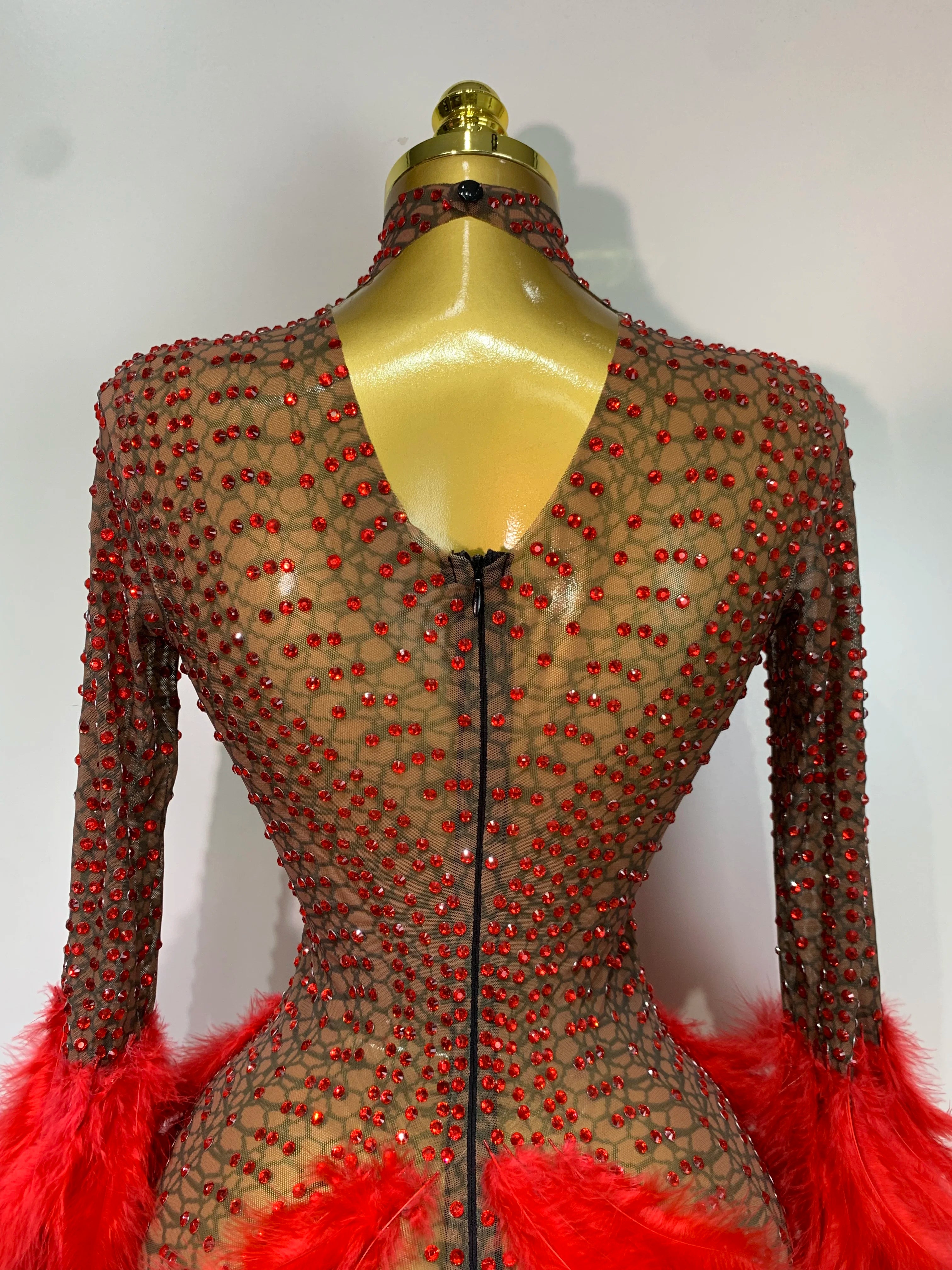 Women Luxury Birthday Dress Rhinestones Mesh Feathers Bodycon Mini Celebrity Evening Club Party Dress Nightclub Stage Outfit