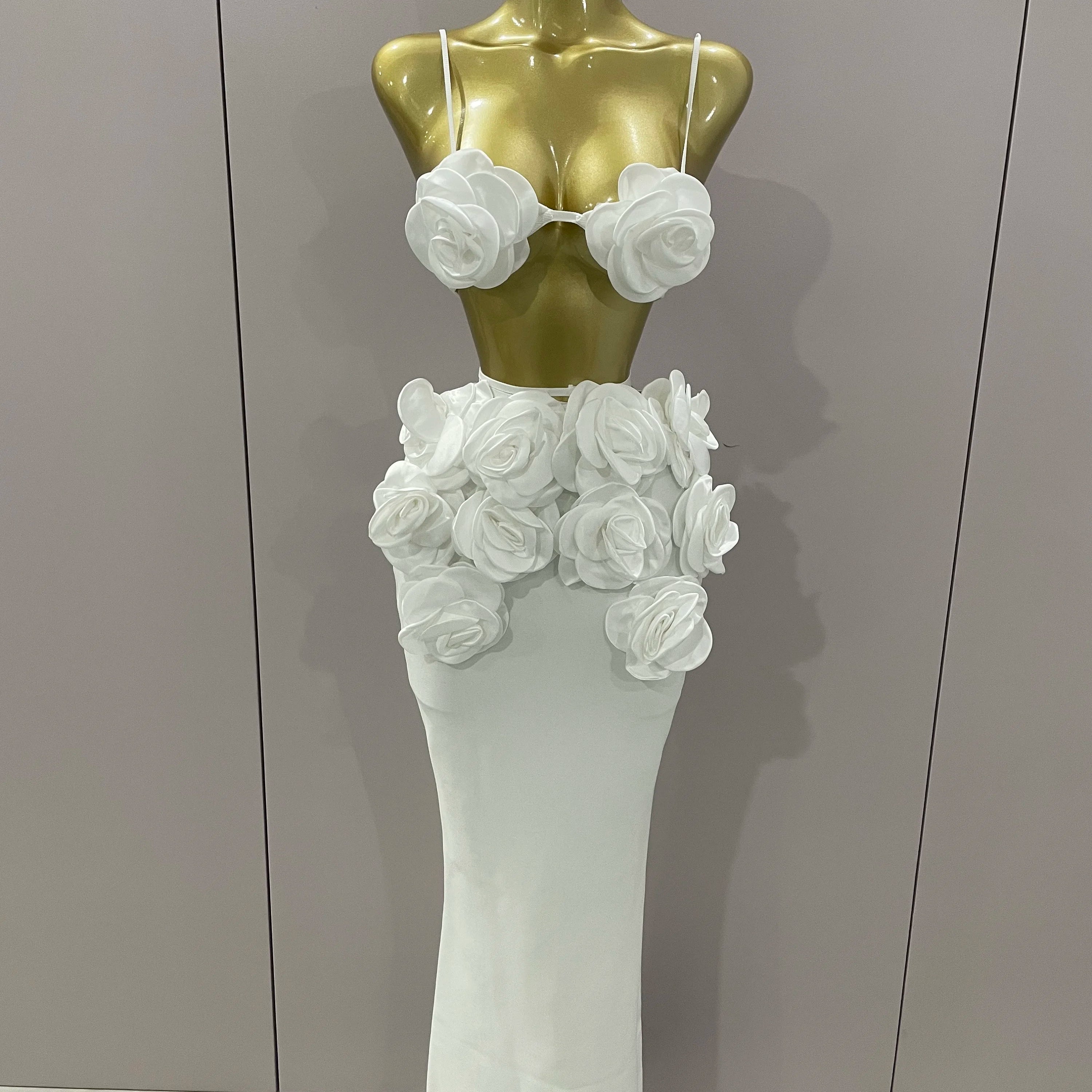 Sexy Camisole Floral Bandage Long Skirts 2-Piece Set 2025 Women Celebrity Elegant Party Cocktail Prom Gown Nightclub Outfit WHITE