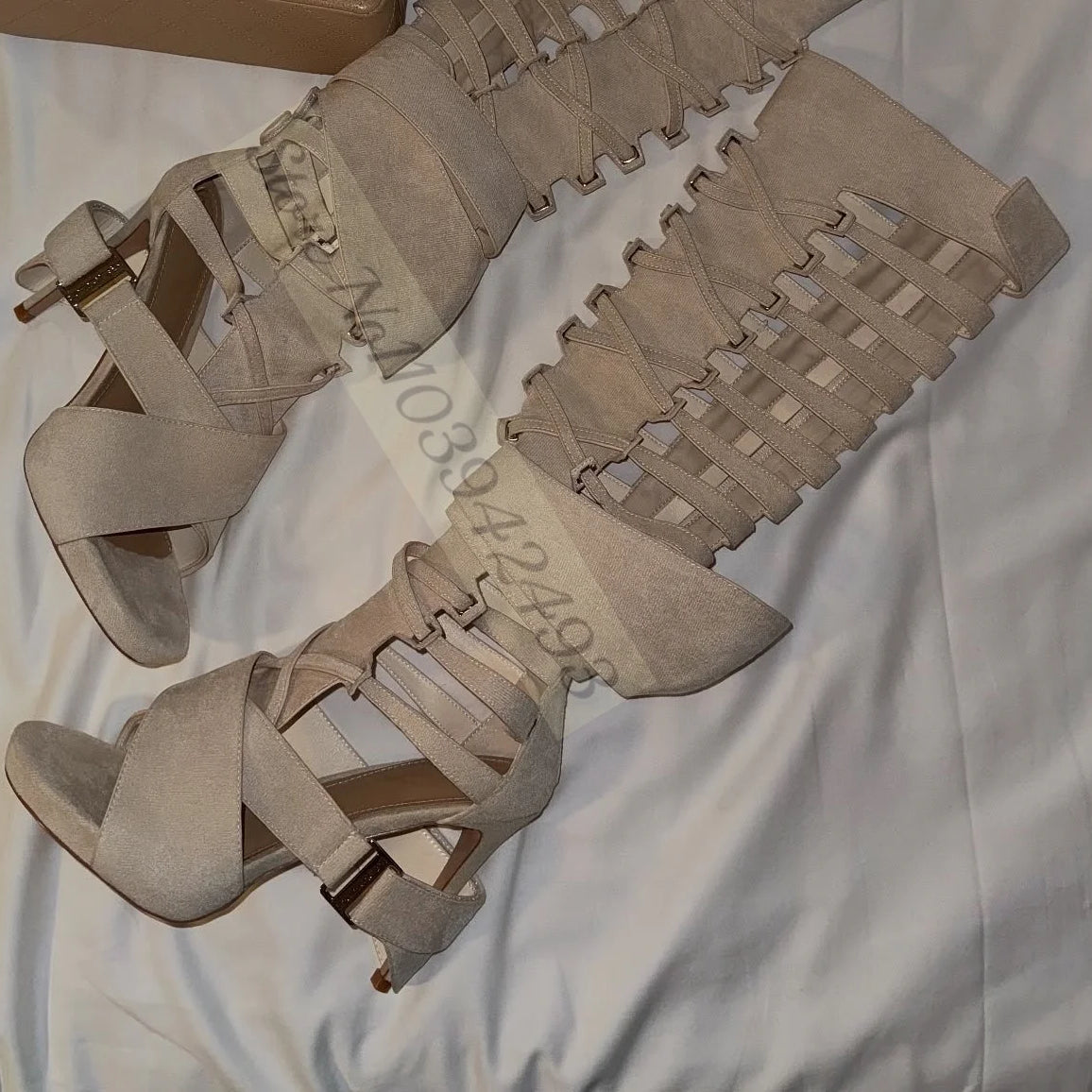 Gladiator Heels Cross Strap Heeled Sandals Women Luxury Designer Shoes Summer Autumn Sxey Solid Knee-High Sandalias De Mujer Beige