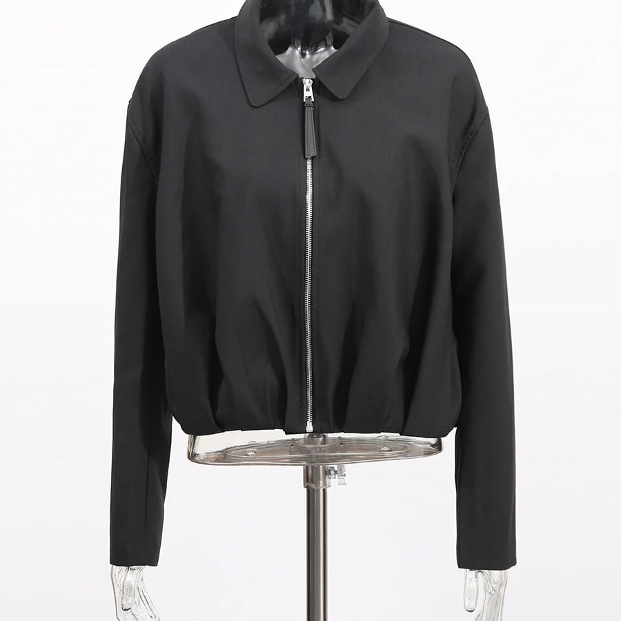 Fashion Casual Two Piece Sets for Women Lapel Long Sleeves Patchwork Zipper Top High Waist Wide Leg Pant Set Female BLACK 1