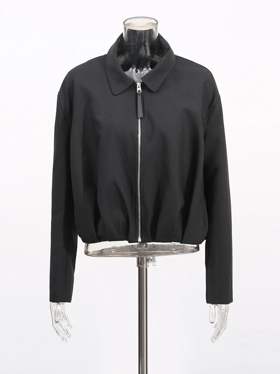 Fashion Casual Two Piece Sets for Women Lapel Long Sleeves Patchwork Zipper Top High Waist Wide Leg Pant Set Female BLACK 1