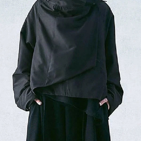 Freeacy Women's Autumn New Jacket High Neck Long Sleeves Loose Fit Coat Solid Color Asymmetrical Cool Outerwears for Female black