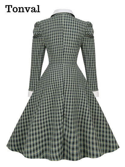 Tonval – robe trapèze Vintage Rockabilly à manches boutonnées, tenue de soirée élégante, tenue d'automne pour femmes, robes à carreaux verts, 2022 